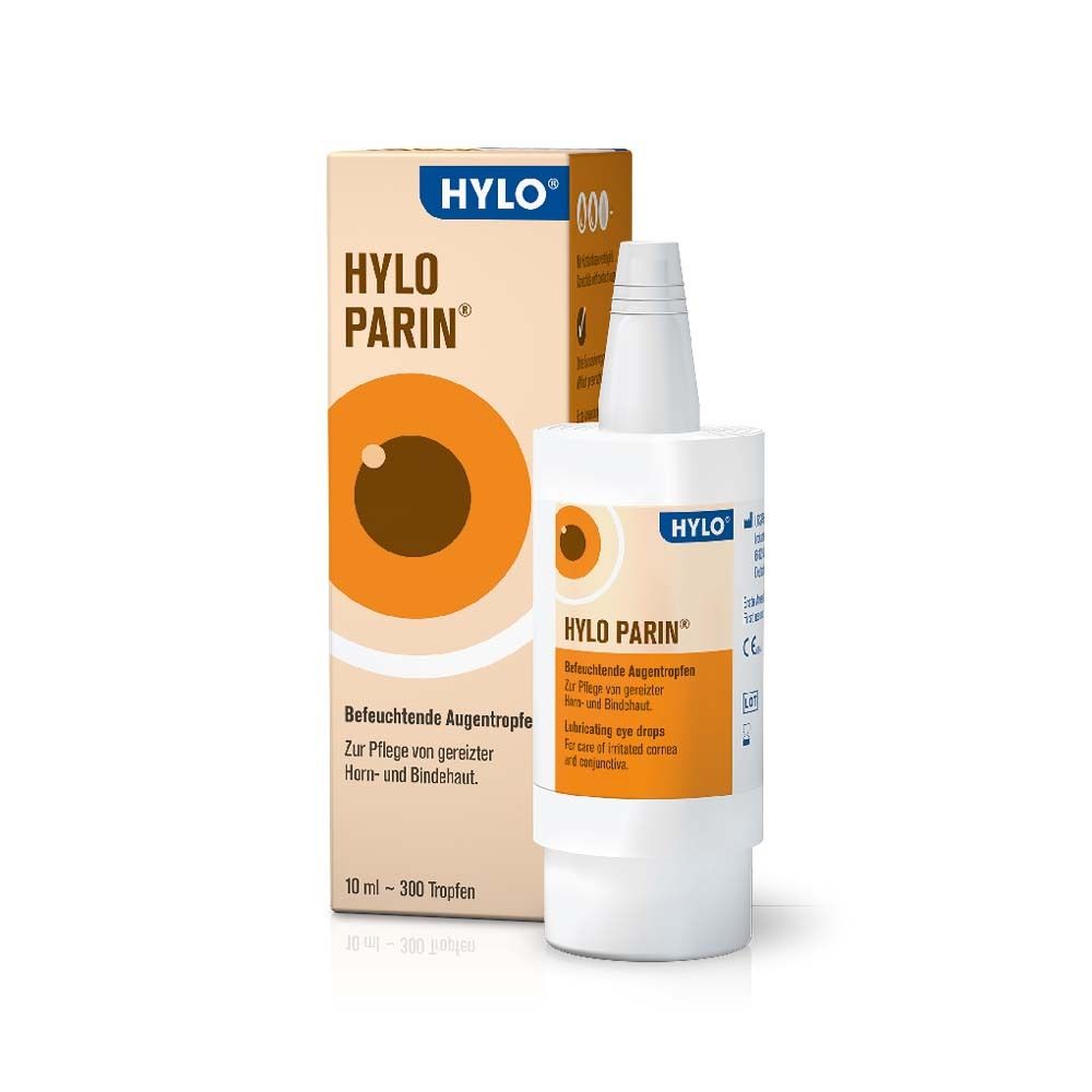 HYLO-PARIN® Augentropfen und Verpackung. Weiße Flasche und gelbe Schachtel mit Produktinformationen.
