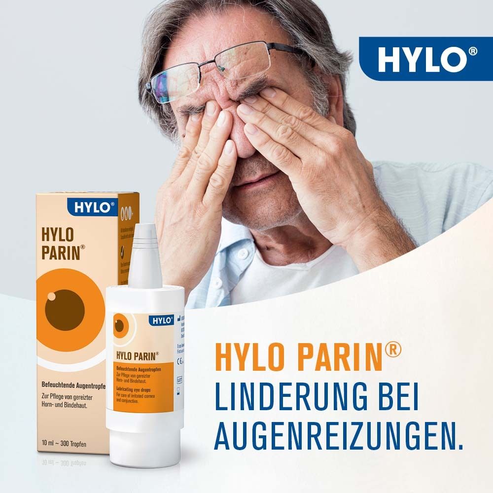 Mann mit Brille reibt Augen. HYLO-PARIN®-Verpackung und Flasche daneben. Text: Linderung bei Augenreizungen.