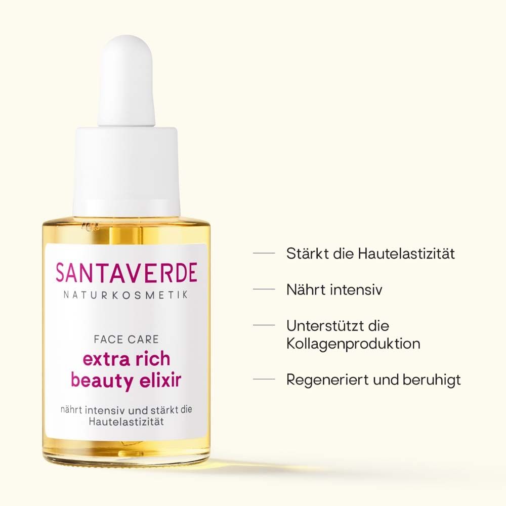 SANTAVERDE extra rich beauty elixir. Flasche mit Pipette. Text: Stärkt die Hautelastizität, nährt intensiv, unterstützt Kollagenproduktion.