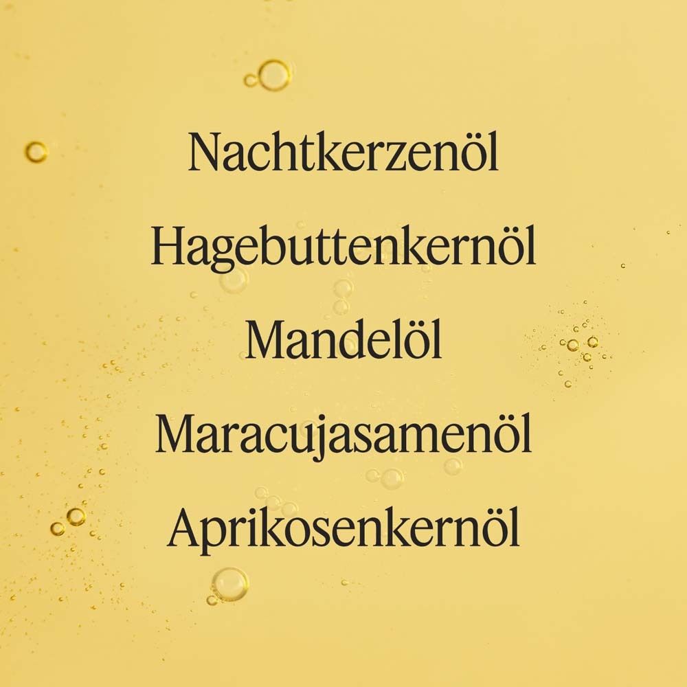 Nahaufnahme von gelber Flüssigkeit. Text: Nachtkerzenöl, Hagebuttenkernöl, Mandelöl, Maracujasamenöl, Aprikosenkernöl.