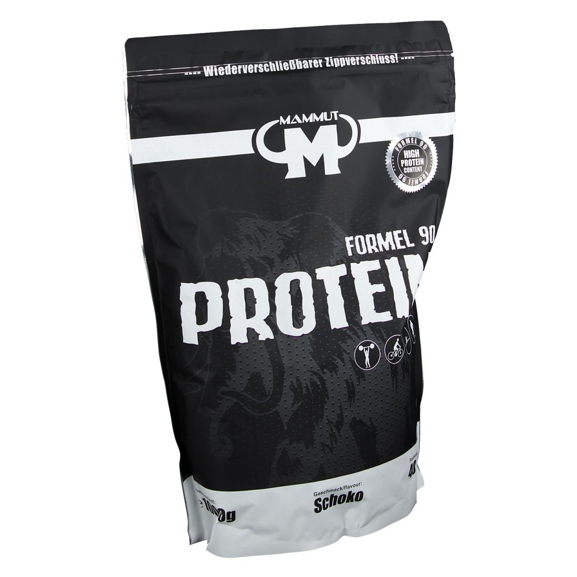 Schwarze Protein-Verpackung mit weißer Schrift. Enthält "MAMMUT", "FORMEL 90 PROTEIN", "Schoko". Siegel: High Protein Content.