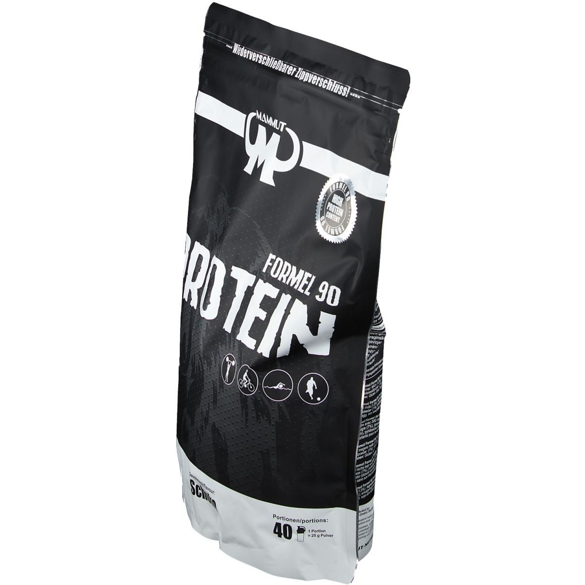 Schwarze Protein-Verpackung mit weißer Schrift. Enthält "MAMMUT", "FORMEL 90 PROTEIN". Aufdruck: 40 Portionen.