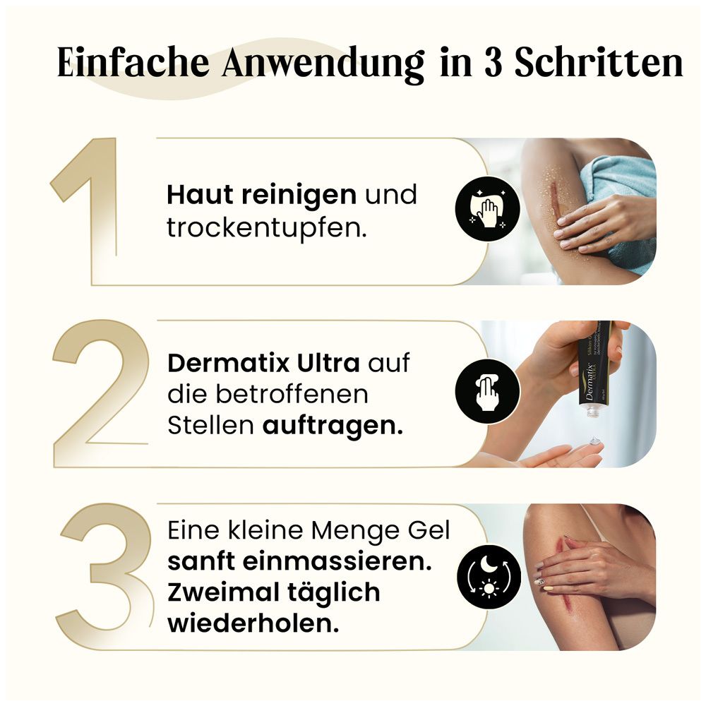 Anleitung in 3 Schritten. 1. Haut reinigen. 2. Gel auftragen. 3. Sanft einmassieren. Zweimal täglich wiederholen.