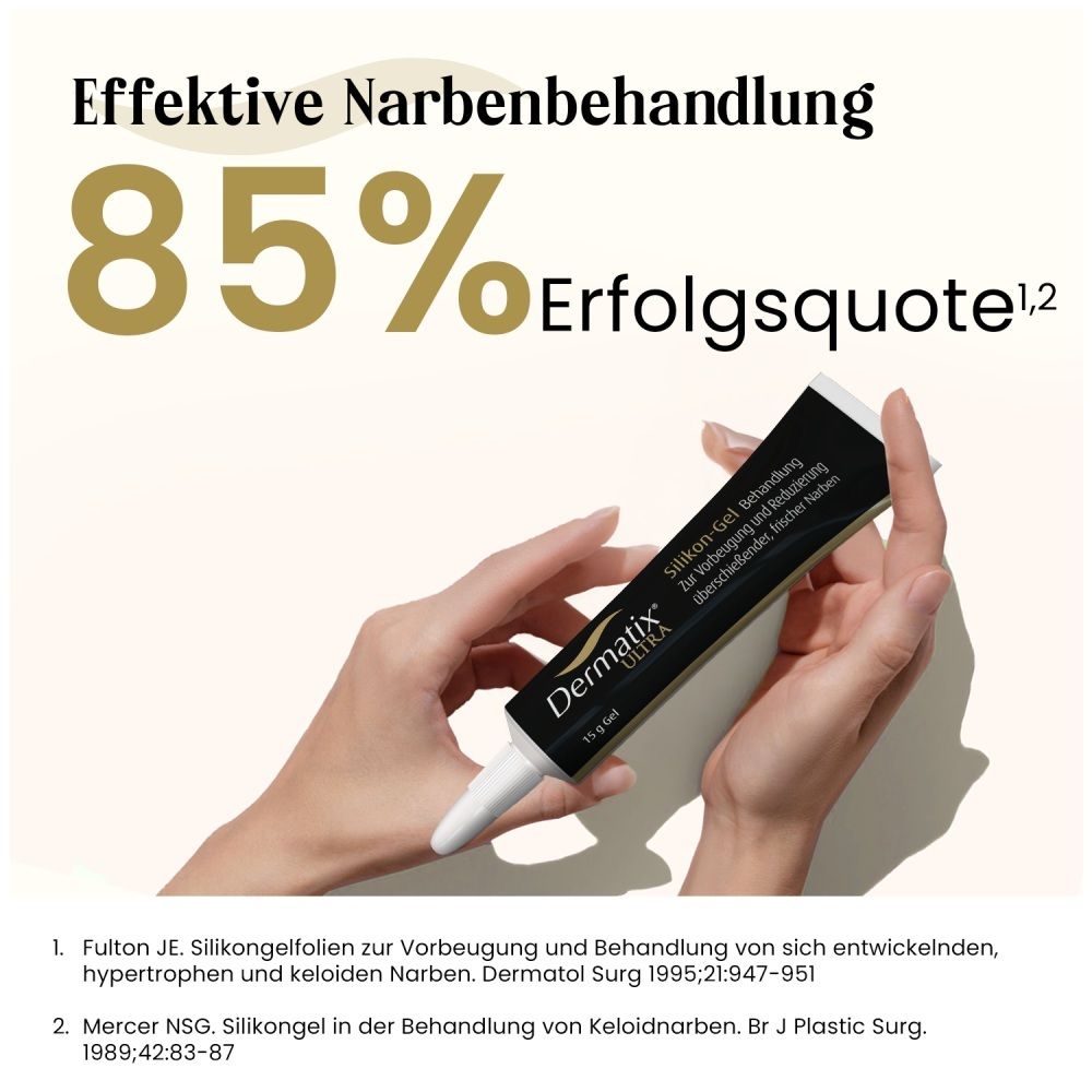 Dermatix Ultra Gel: 85% Erfolgsquote bei der Narbenbehandlung, gehalten von einer Hand.