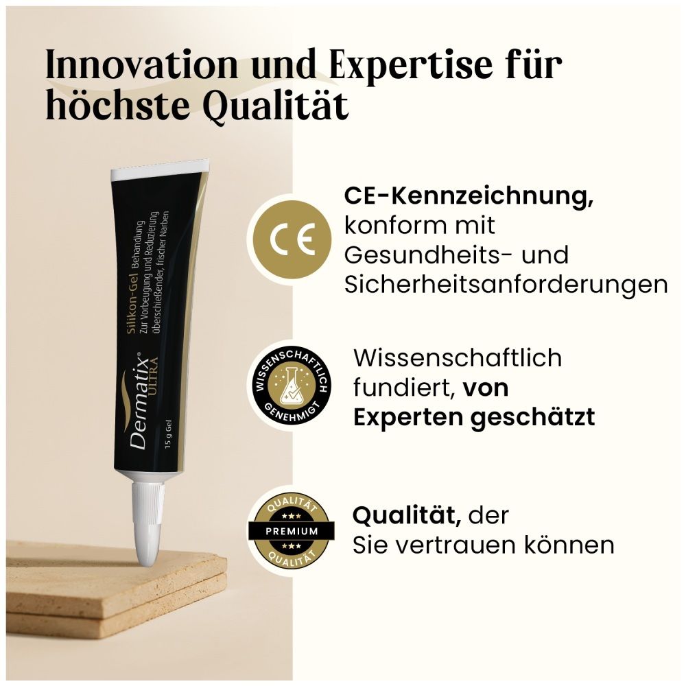 Dermatix Ultra Gel: CE-Kennzeichnung, wissenschaftlich fundiert, Qualitätssiegel.