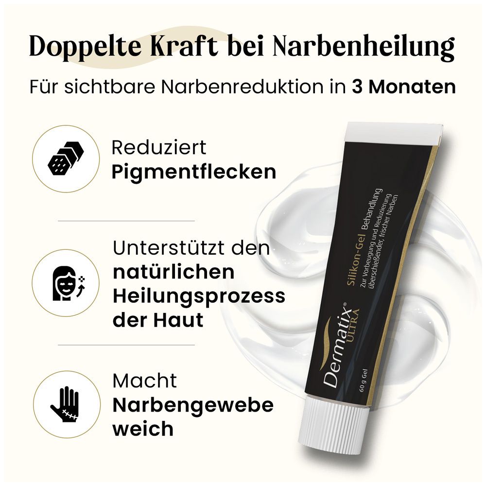 Dermatix Ultra Gel-Tube und Informationen. Reduziert Pigmentflecken, unterstützt die Haut und macht Narbengewebe weich. Abbildung.