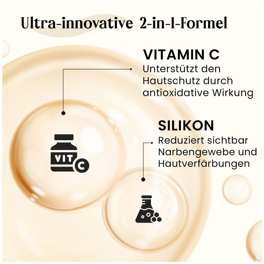 Dermatix Ultra Gel-Inhaltsstoffe. Vitamin C unterstützt den Hautschutz. Silikon reduziert Narbengewebe und Hautverfärbungen. Abbildung.