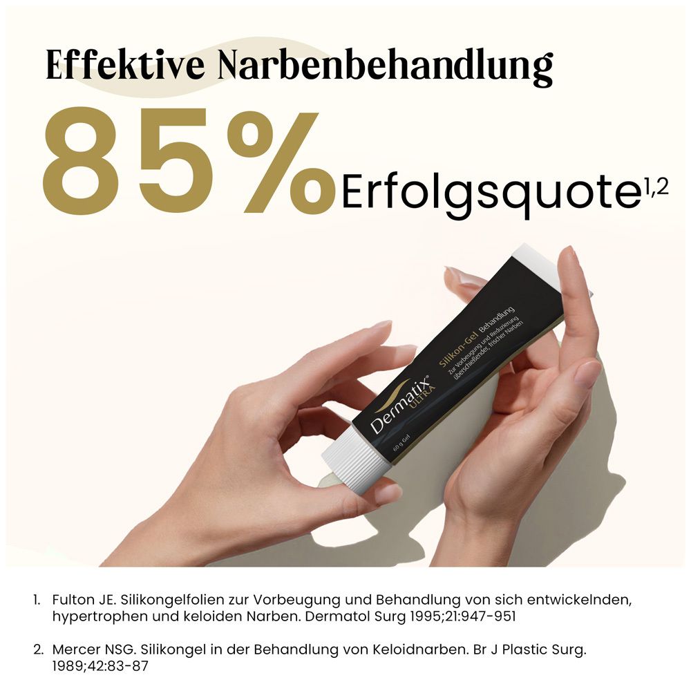 Dermatix Ultra Gel-Tube. Schwarze Tube mit weißem Deckel. Produktname und Informationen. Hände halten die Tube.