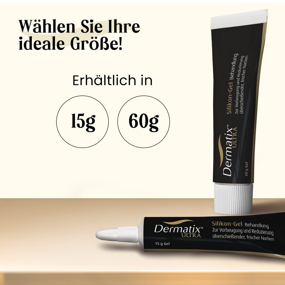 Dermatix Ultra Gel-Tube und -Verpackung. Schwarze Tube mit weißem Deckel und Schriftzug. Schwarze Schachtel mit Produktinformationen.