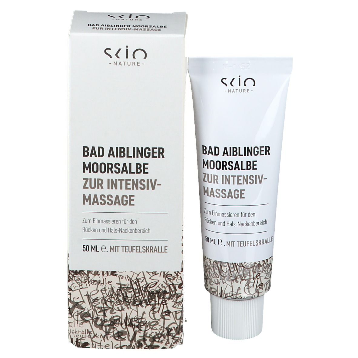Karton, Tube und Karton mit Aufschrift: Bad Aiblinger Moorsalbe zur Intensiv-Massage. Marke: SKIO Nature.