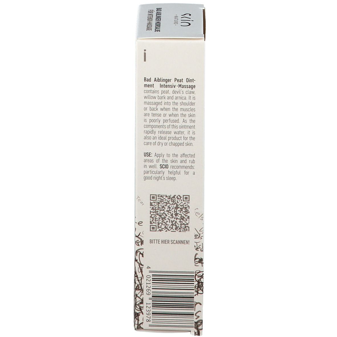 Karton, Seitenansicht. Text: Bad Aiblinger Moorsalbe zur Intensiv-Massage. Marke: SKIO Nature. QR-Code.