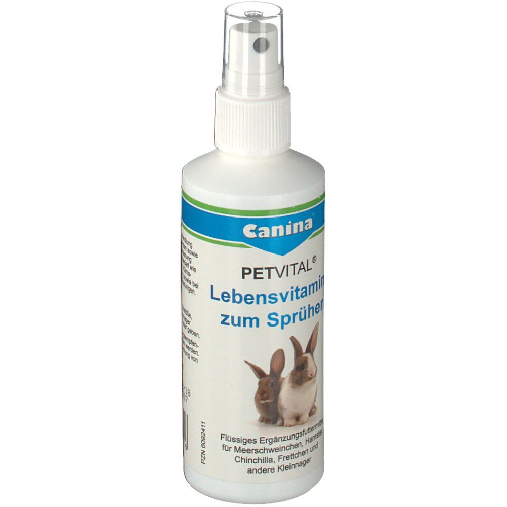 Weiße Sprühflasche mit blau-grünem Etikett. Aufschrift: Canina PETVITAL Lebensvitamine zum Sprühen. Abbildung von zwei Kaninchen.