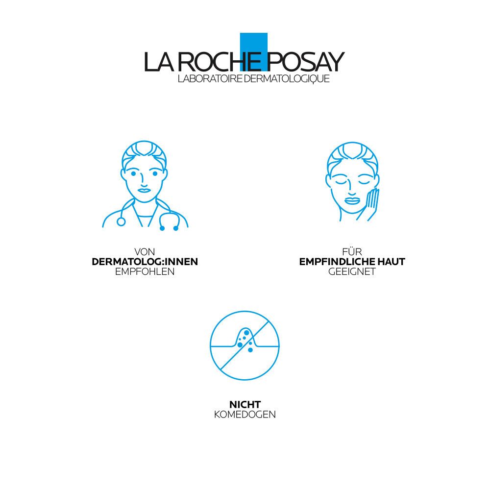 Symbole: Dermatologen empfohlen, für empfindliche Haut geeignet, nicht komedogen. La Roche-Posay Logo.