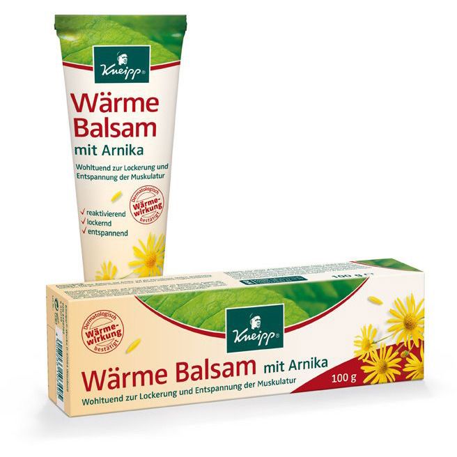 Kneipp Wärme Balsam mit Arnika. Tube und Schachtel. Text: Wärme-Wirkung, wohltuend für die Muskeln. 100g.