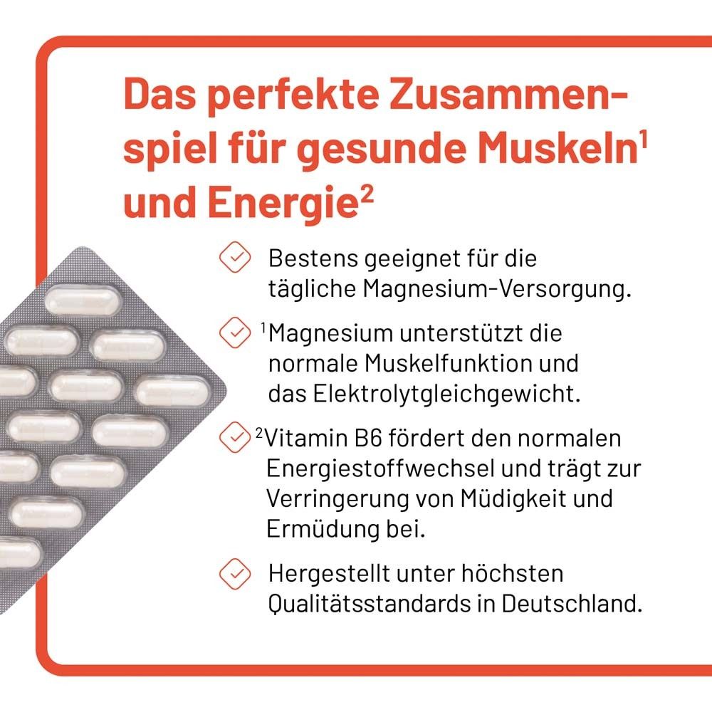 Blisterpackung mit Kapseln. Text: Magnesium unterstützt Muskelfunktion und Elektrolytgleichgewicht.