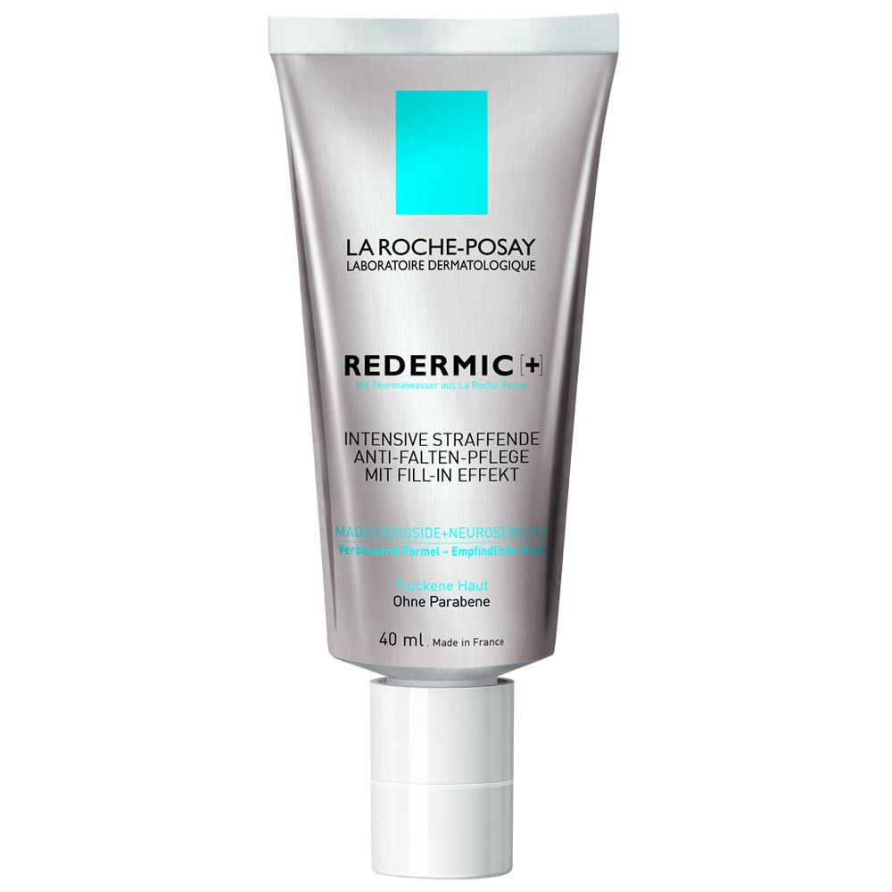 Creme-Tube mit Produktnamen REDERMIC + und La Roche-Posay Logo. Text: Intensive straffende Anti-Falten-Pflege. Ohne Parabene. 40 ml.