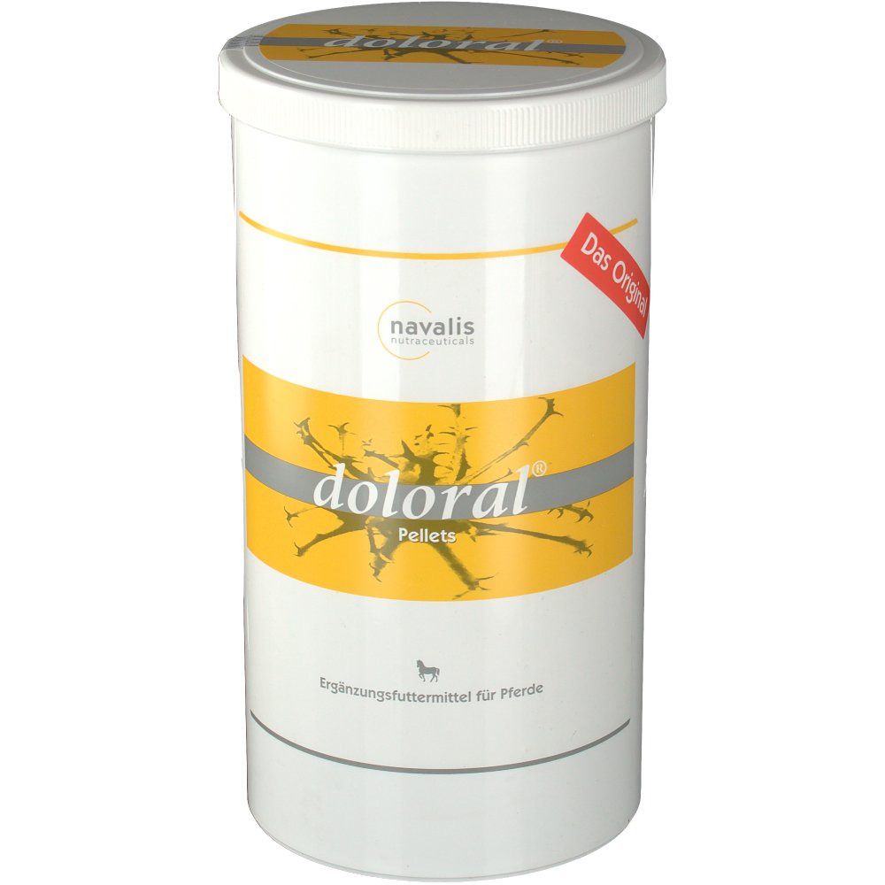 Weißer Zylinder mit gelbem Etikett. Aufschrift: doloral® Pellets. Logo: navalis. Zusatzfutter für Pferde.