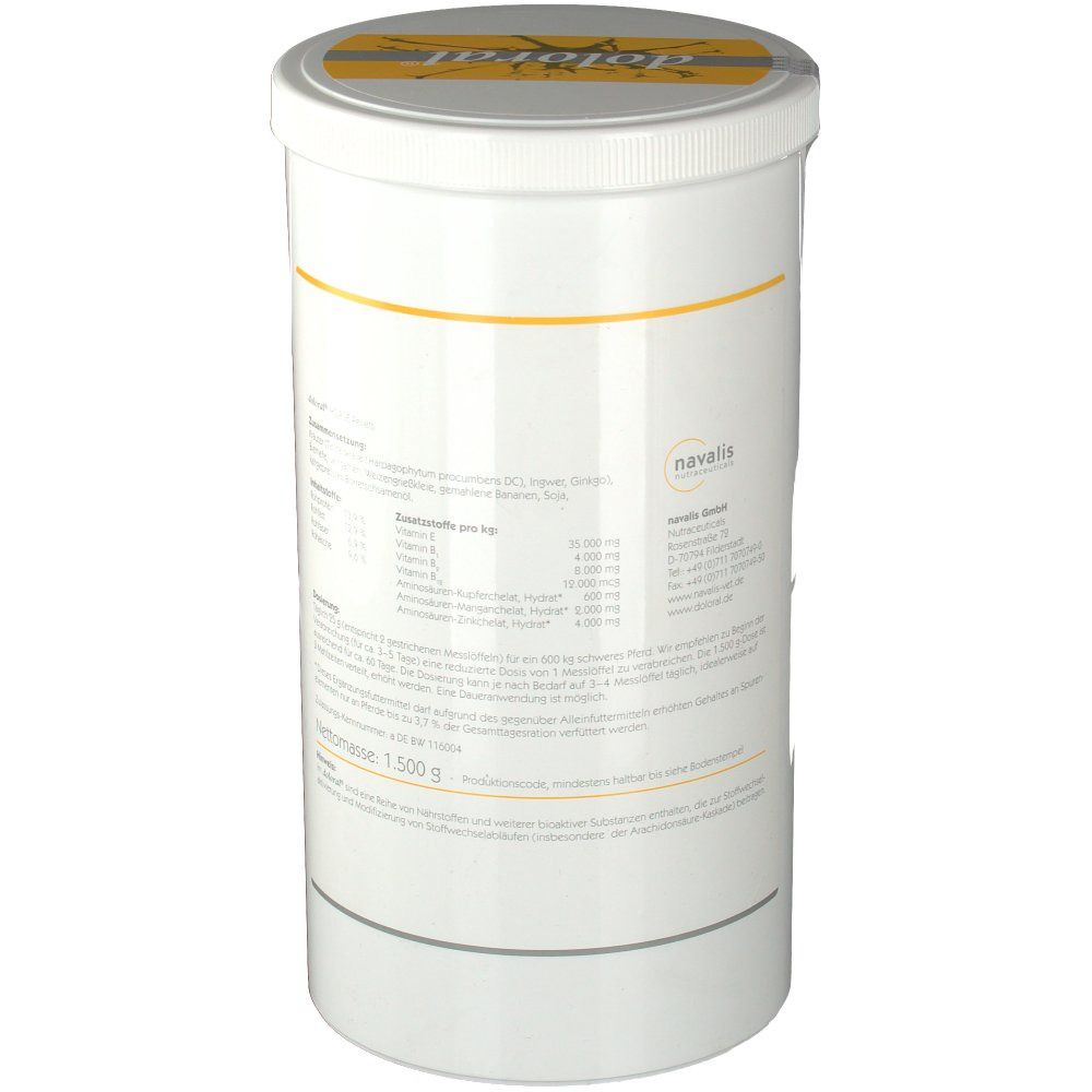 Weißer Zylinder mit gelbem Etikett. Aufschrift: doloral® Pellets. Logo: navalis. Text mit Inhaltsstoffen und Nährwerten.