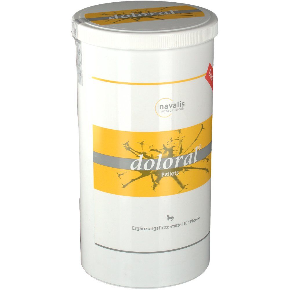 Weißer Zylinder mit gelbem Etikett. Aufschrift: doloral® Pellets. Logo: navalis. Zusatzfutter für Pferde.