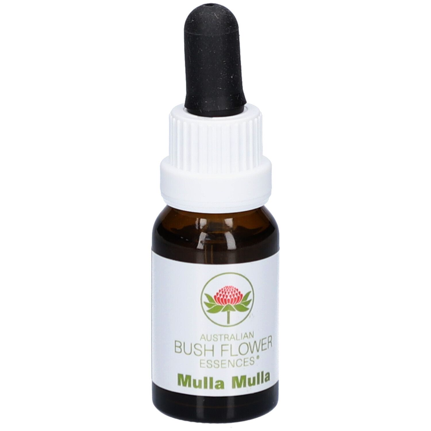 Braune Glasflasche mit weißem Etikett. Aufschrift: Australian Bush Flower Essences Mulla Mulla. Mit schwarzer Pipette.