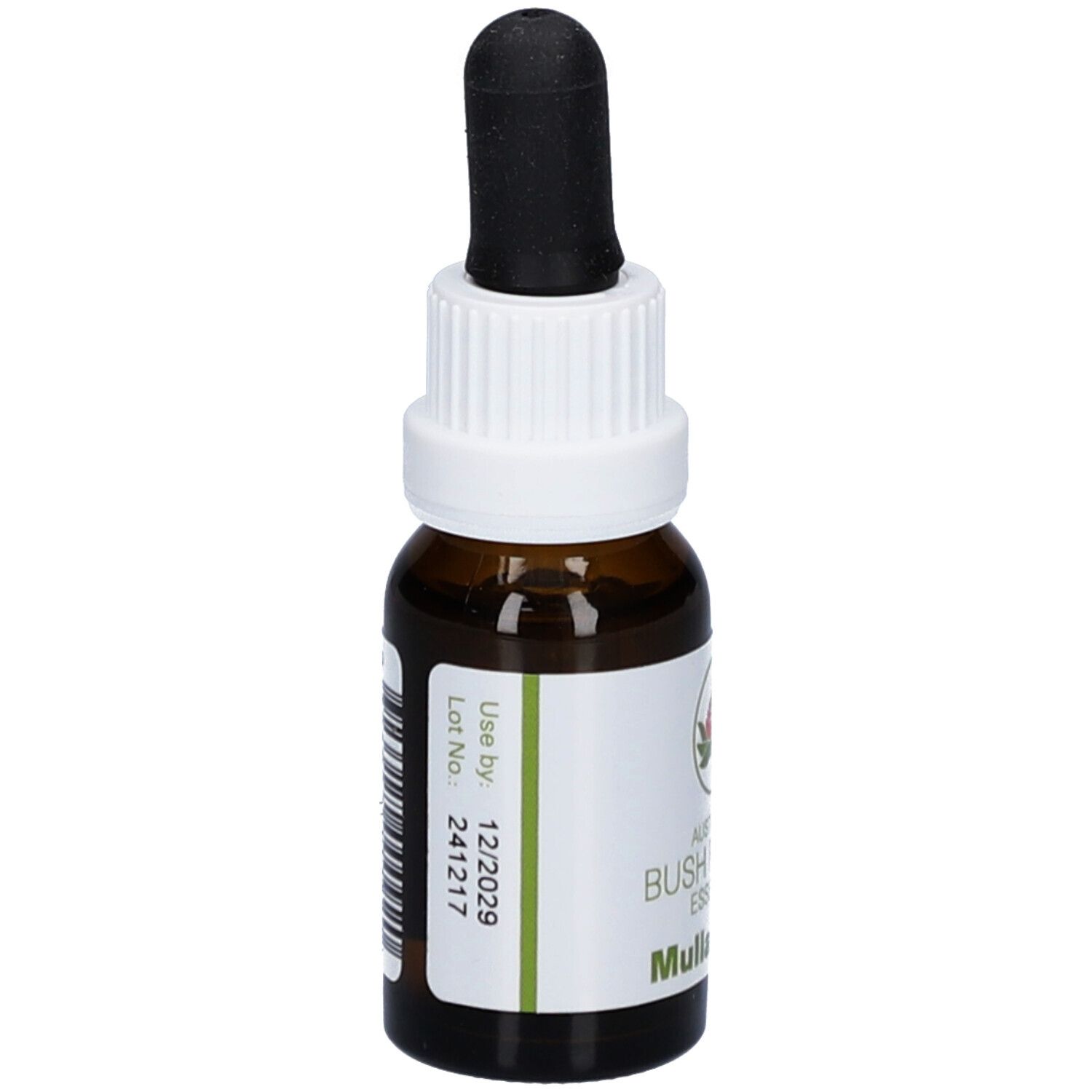 Braune Glasflasche mit weißem Etikett. Aufschrift: Australian Bush Flower Essences Mulla Mulla. Mit schwarzer Pipette. Verfallsdatum.