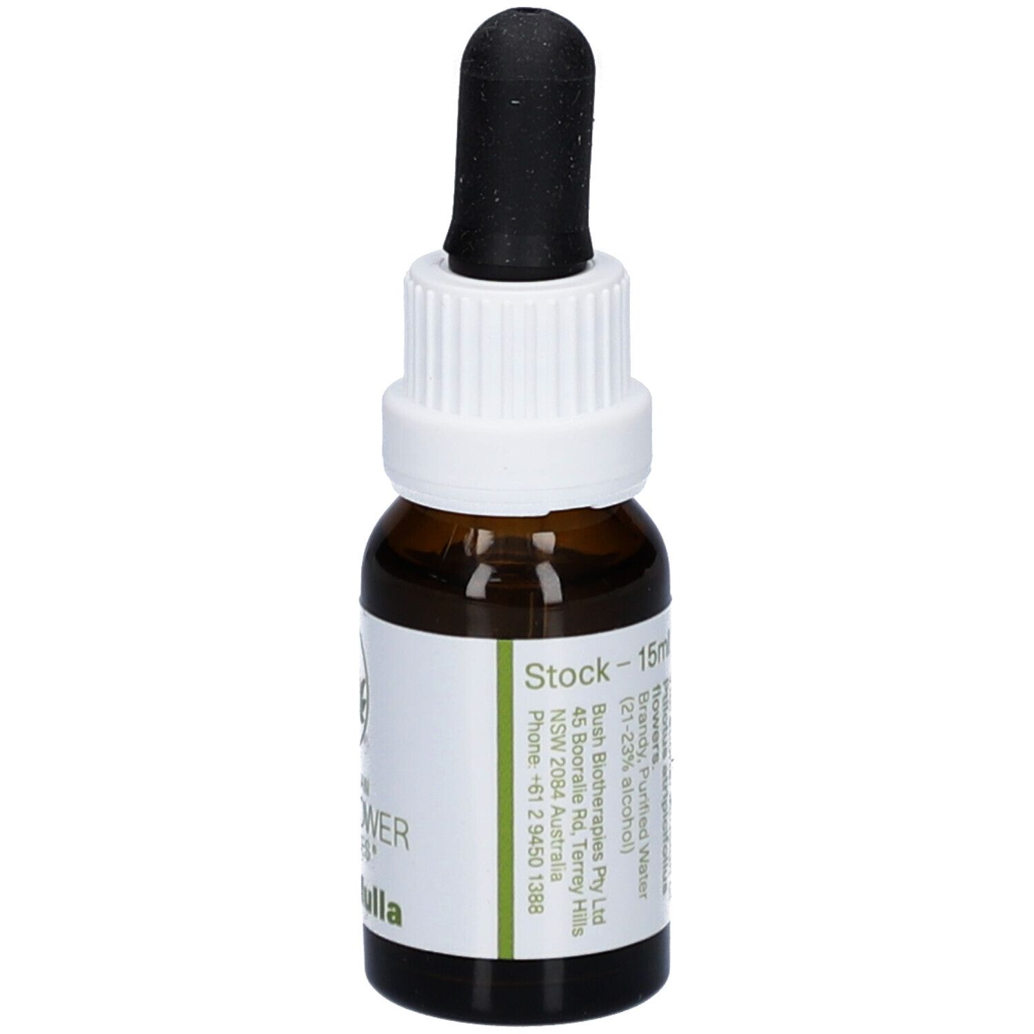 Braune Glasflasche mit weißem Etikett. Aufschrift: Stock - 15ml. Mit schwarzer Pipette. Weitere Informationen.