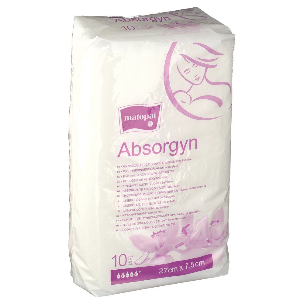 Verpackung mit gynäkologischen Tüchern. Marke: matopat. Aufdruck: Absorgyn, 10 Stück, 27cm x 7,5cm. Abbildung einer Frau mit Baby.