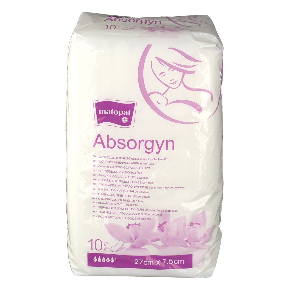 Verpackung mit gynäkologischen Tüchern. Marke: matopat. Aufdruck: Absorgyn, 10 Stück, 27cm x 7,5cm. Abbildung einer Frau mit Baby.