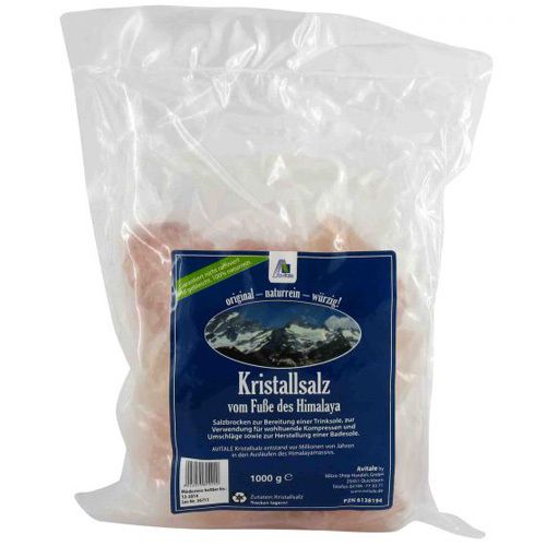 Transparente Plastiktüte mit rosa Kristallsalzbrocken. Blaues Etikett mit Produktbezeichnung und Logo. Gewicht: 1000 g.