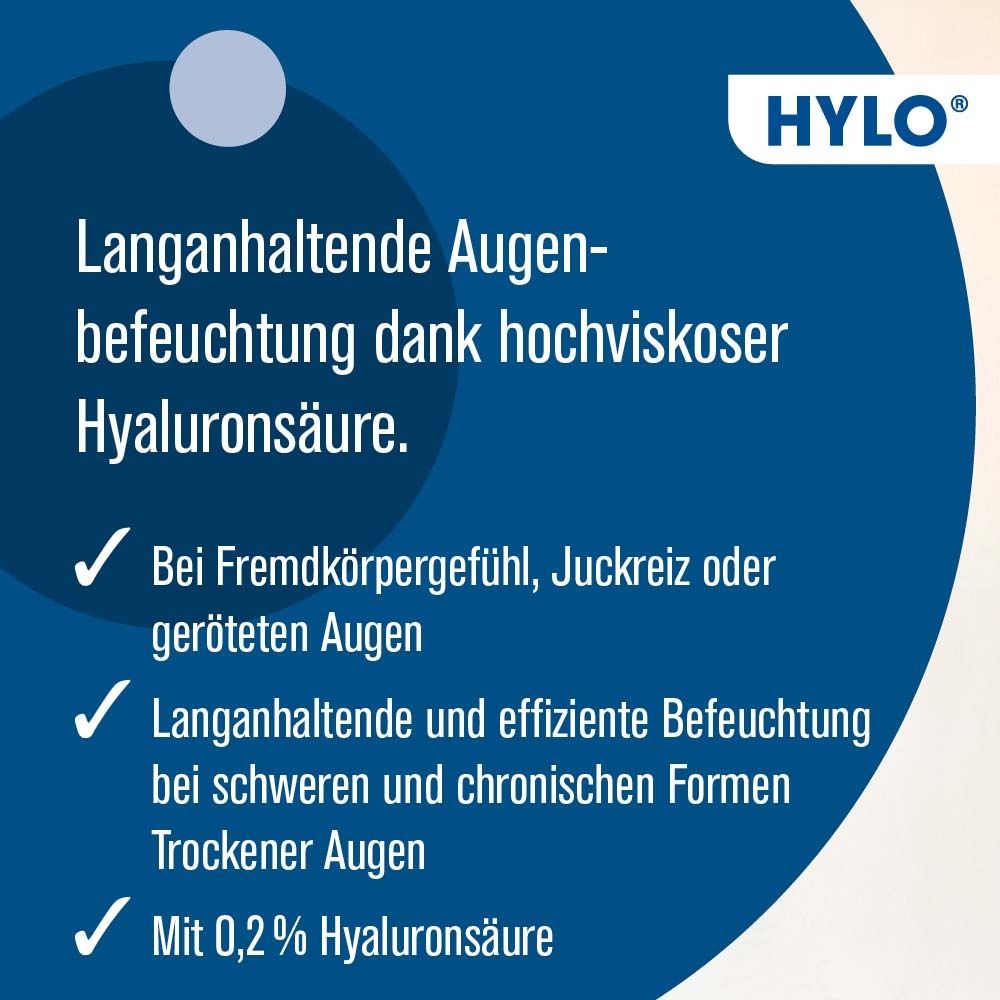 Text auf blauem Hintergrund: Vorteile von HYLO GEL. Befeuchtung, Trockenheitsgefühl, 0,2% Hyaluronsäure.