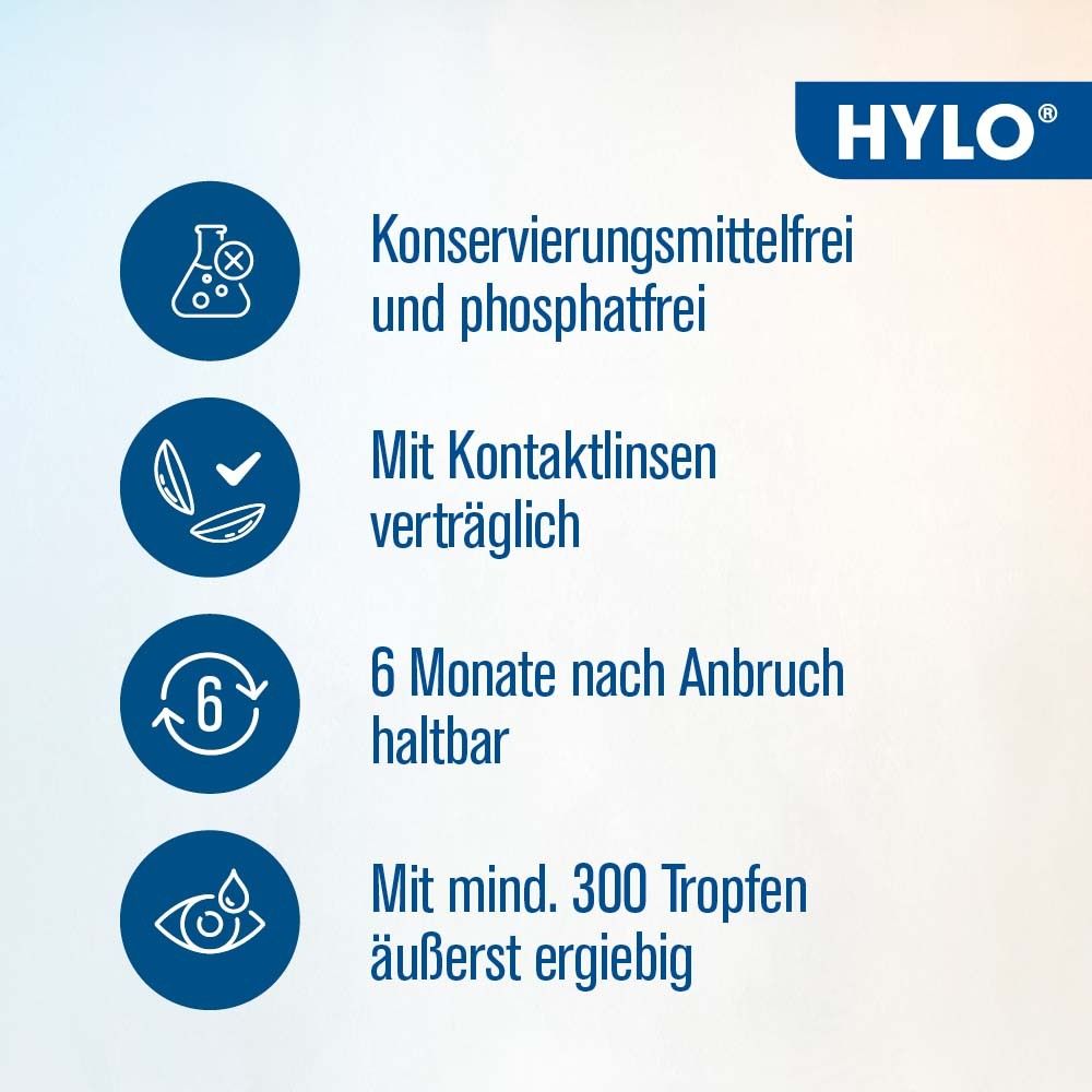 Text auf blauem Hintergrund: HYLO GEL. Ohne Konservierungsmittel, Kontaktlinsen, 6 Monate haltbar, 300 Tropfen.