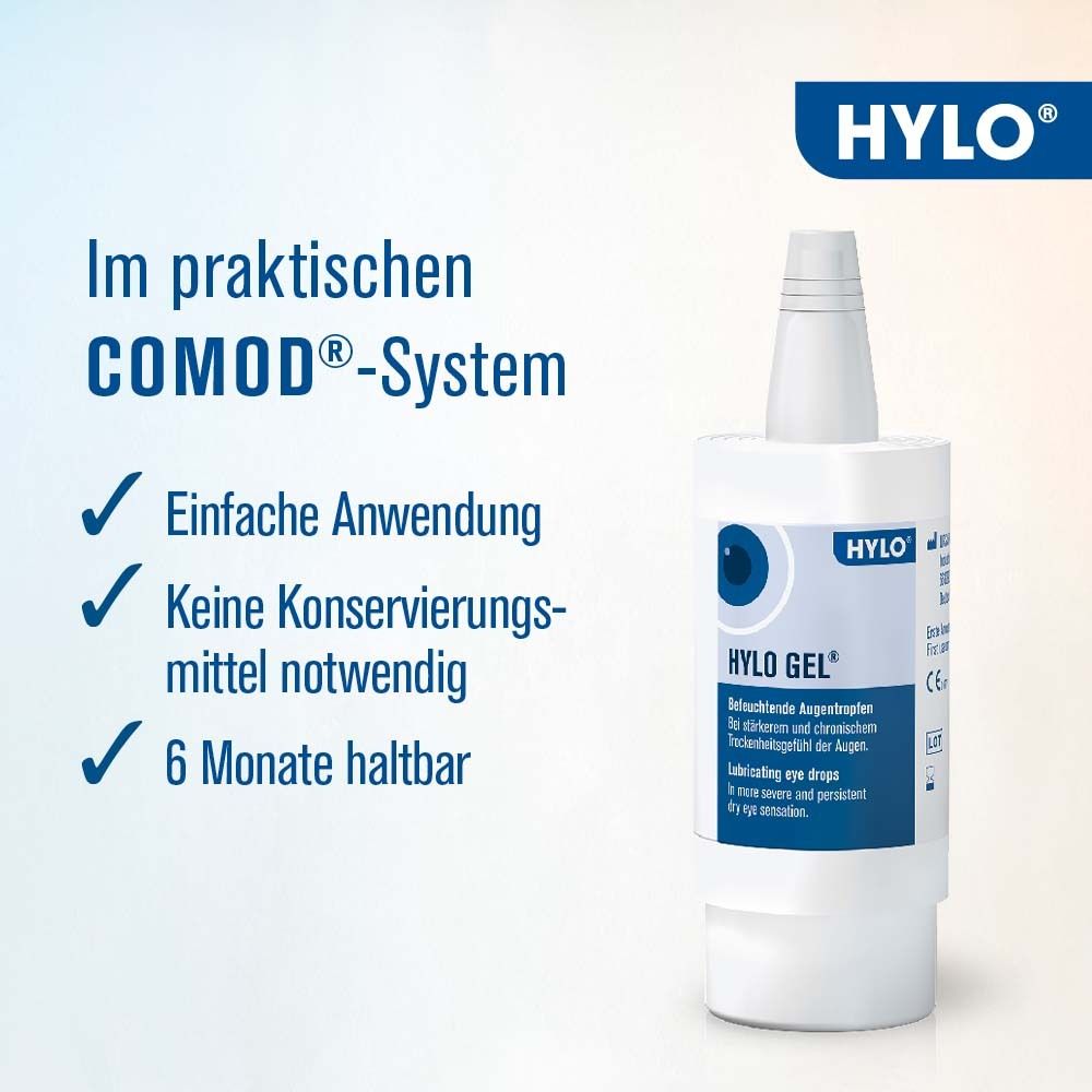 HYLO GEL Flasche und Text. Einfache Anwendung, ohne Konservierungsmittel, 6 Monate haltbar.
