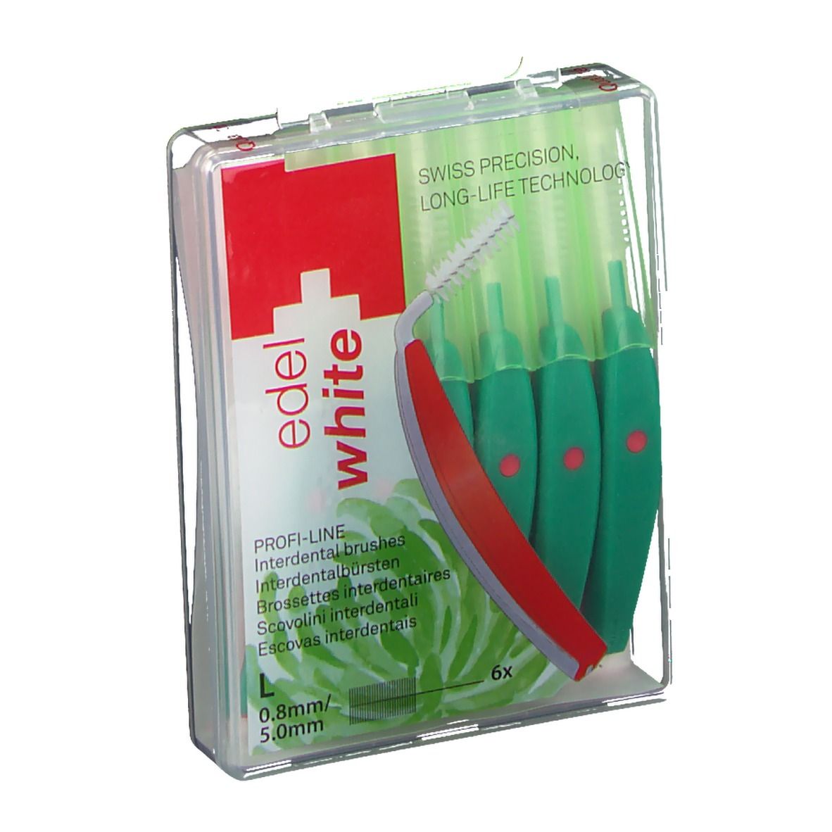 Interdentalbürsten in transparentem Etui. Roter Griff, grüne Borsten. 6 Stück. 0,8-5,0 mm.