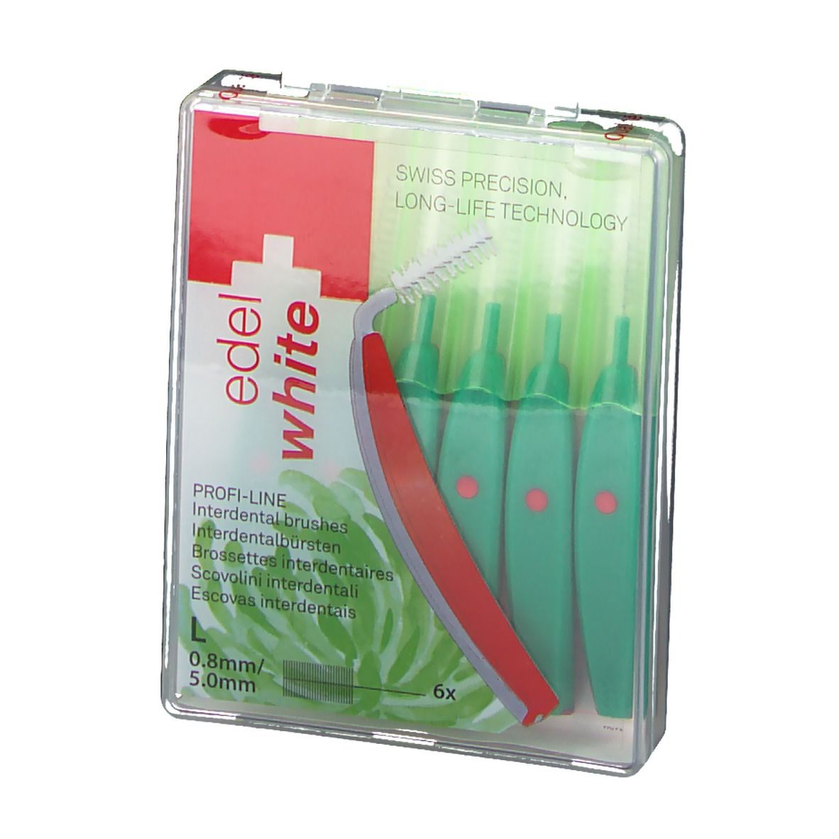 Interdentalbürsten in transparentem Etui. Roter Griff, grüne Borsten. 6 Stück. 0,8-5,0 mm.