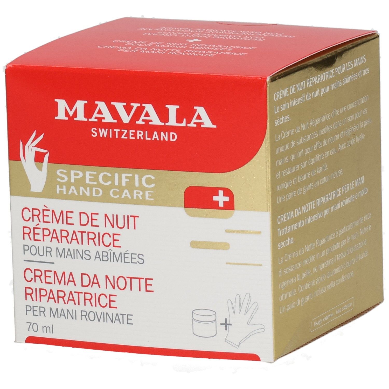 Rote und goldene Box mit Mavala Switzerland Specific Hand Care Nachtcreme, 70ml.