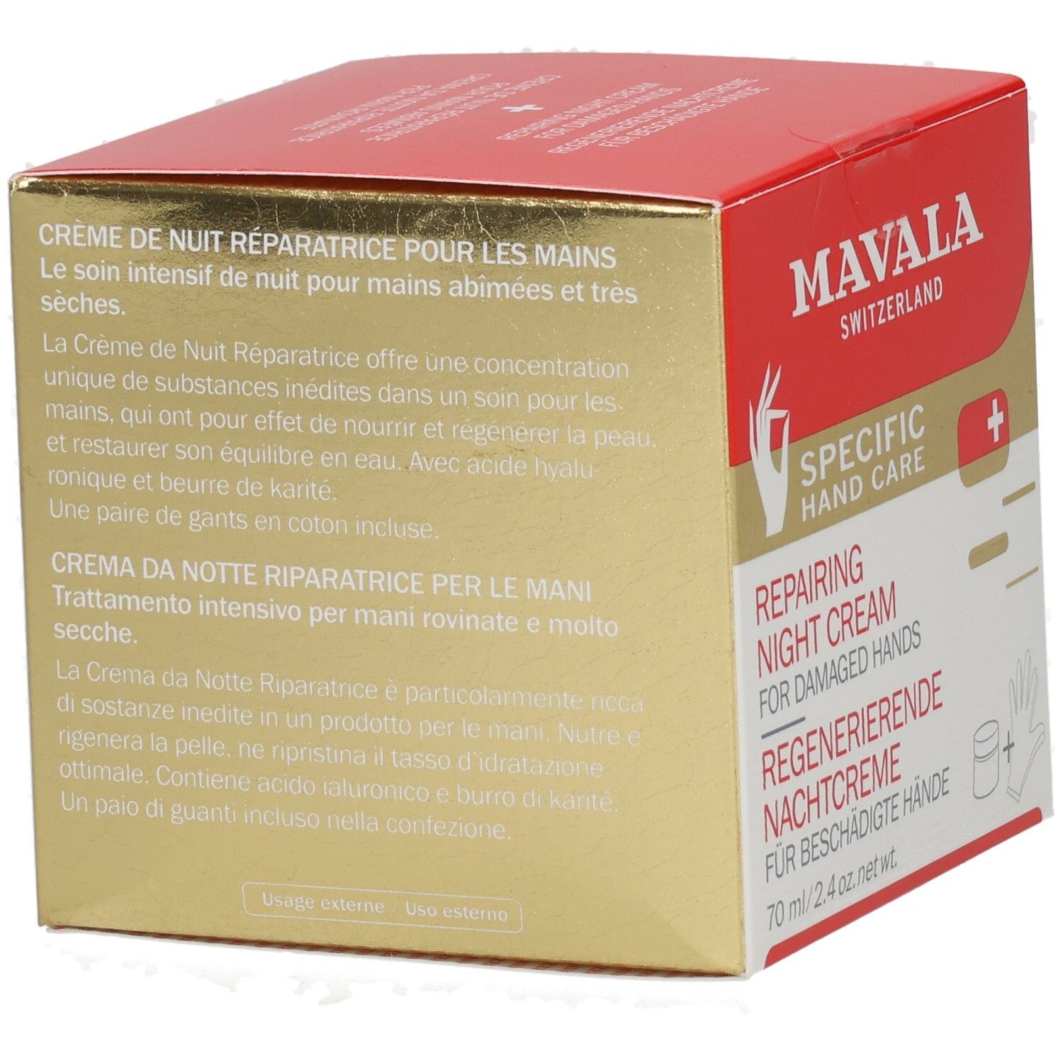 Mavala Switzerland Handcreme-Verpackung. Enthält Text in mehreren Sprachen und eine Abbildung einer Hand.