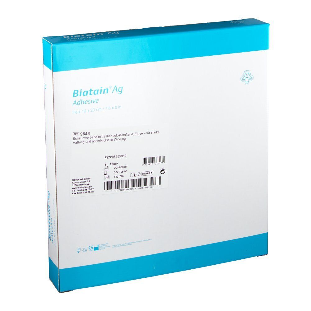 Rückseite der BIATAIN® Ag Verpackung. Enthält Produktinformationen, Chargennummer und Herstellerangaben.