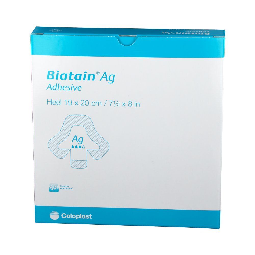 BIATAIN® Ag Verpackung. Weiß-blaue Schachtel mit Produktbezeichnung, Größenangabe und Verbandsabbildung.