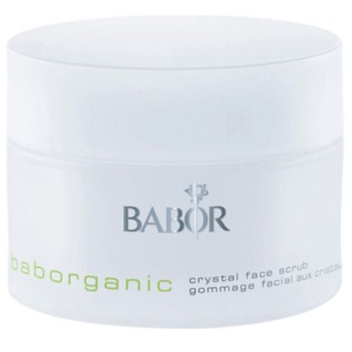 Weißer Tiegel mit Deckel. Aufschrift: BABOR, baborganic, crystal face scrub, gommage facial aux cristaux.