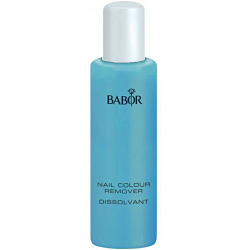 Hellblaue Flasche mit weißem Deckel. Aufschrift BABOR, darunter Nail Colour Remover und Dissolvant.