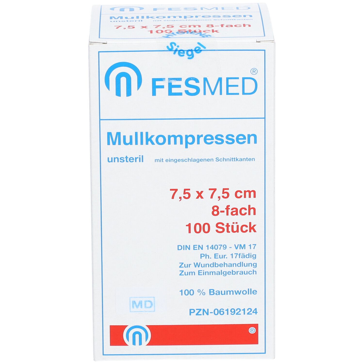 FESMED Mullkompressen, unsteril, 7,5 x 7,5 cm, 8-fach, 100 Stück. Weiße Verpackung mit blauen und roten Akzenten.