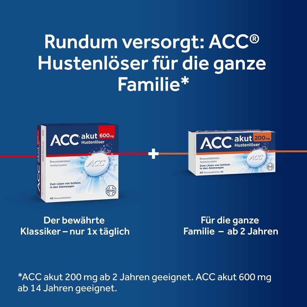 ACC akut und ACC akut 200mg. Text: Hustenlöser für die ganze Familie. Ab 2 Jahren.