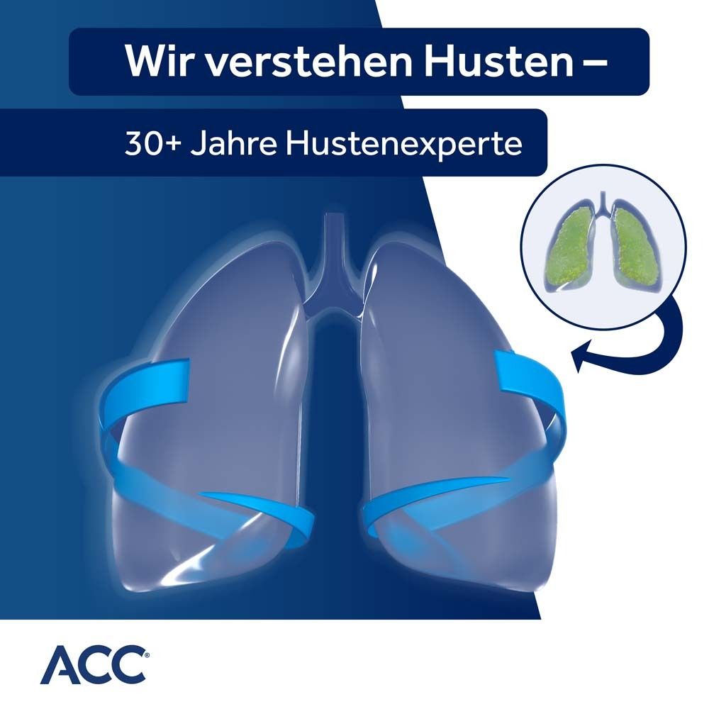 Lunge mit Pfeilen. Text: Wir verstehen Husten - 30+ Jahre Hustenexperte. ACC Logo.