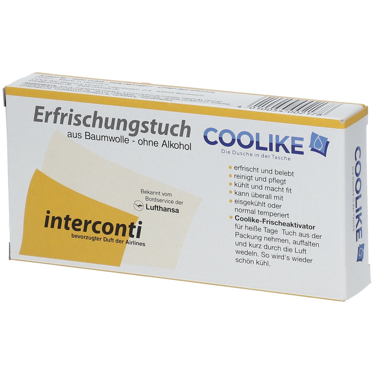 Karton mit Erfrischungstüchern. Text: Erfrischungstuch aus Baumwolle - ohne Alkohol. Logo: Coolike. interconti, bevorzugter Duft der Airlines.