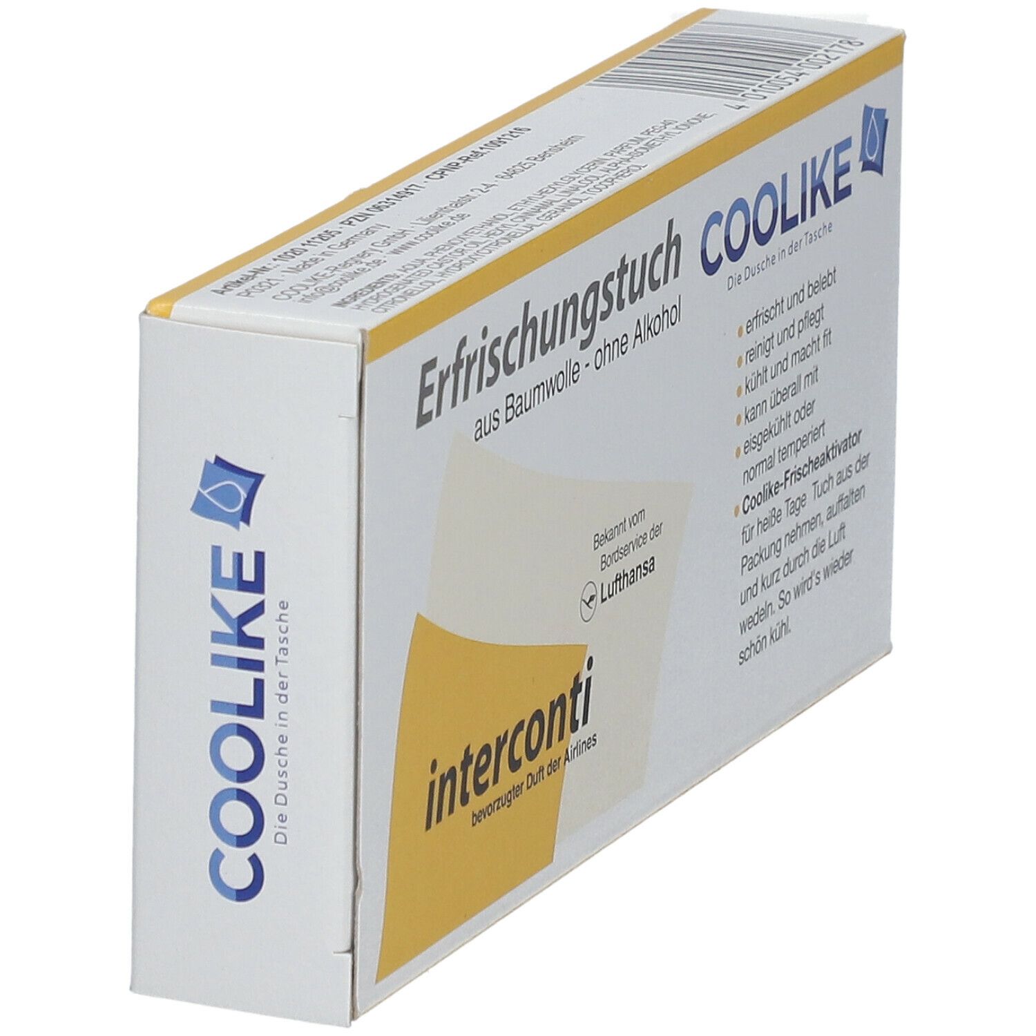 Schräg gestellte Verpackung mit Erfrischungstüchern. Text: Erfrischungstuch aus Baumwolle - ohne Alkohol. Logo: Coolike. interconti, bevorzugter Duft der Airlines.