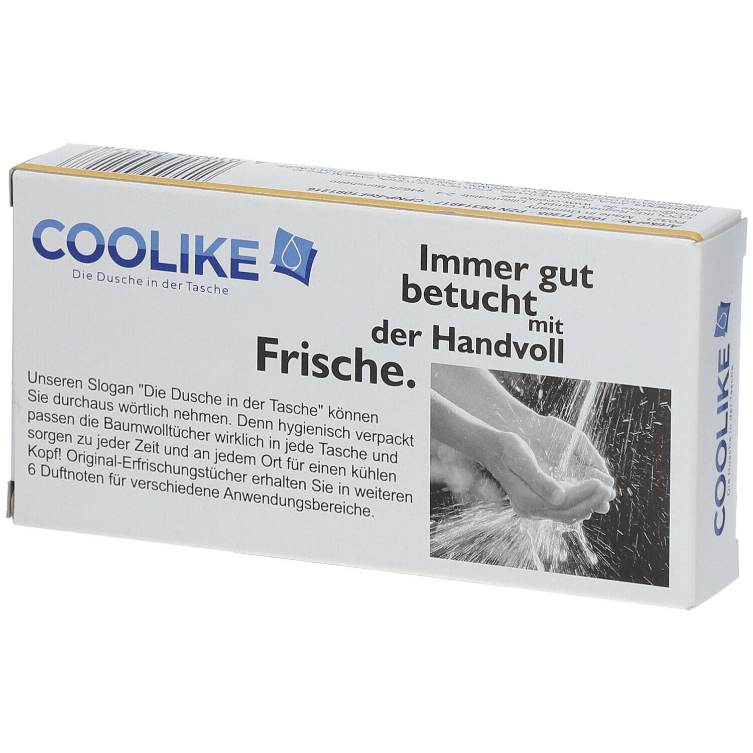 Verpackung mit Erfrischungstüchern. Text: Coolike, Frische. Abbildung: Hände unter Wasser. Logo: Coolike. Text: Immer gut betucht mit der Handvoll.
