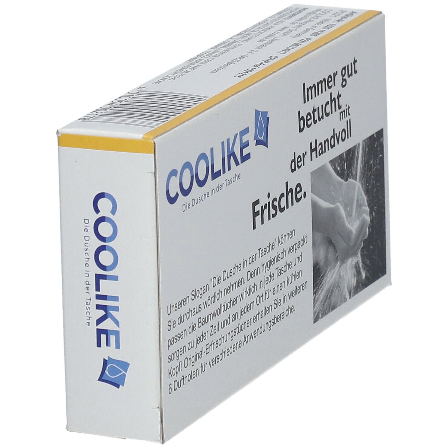 Schräg gestellte Verpackung mit Erfrischungstüchern. Text: Coolike, Frische. Abbildung: Hände unter Wasser. Logo: Coolike. Text: Immer gut betucht mit der Handvoll.