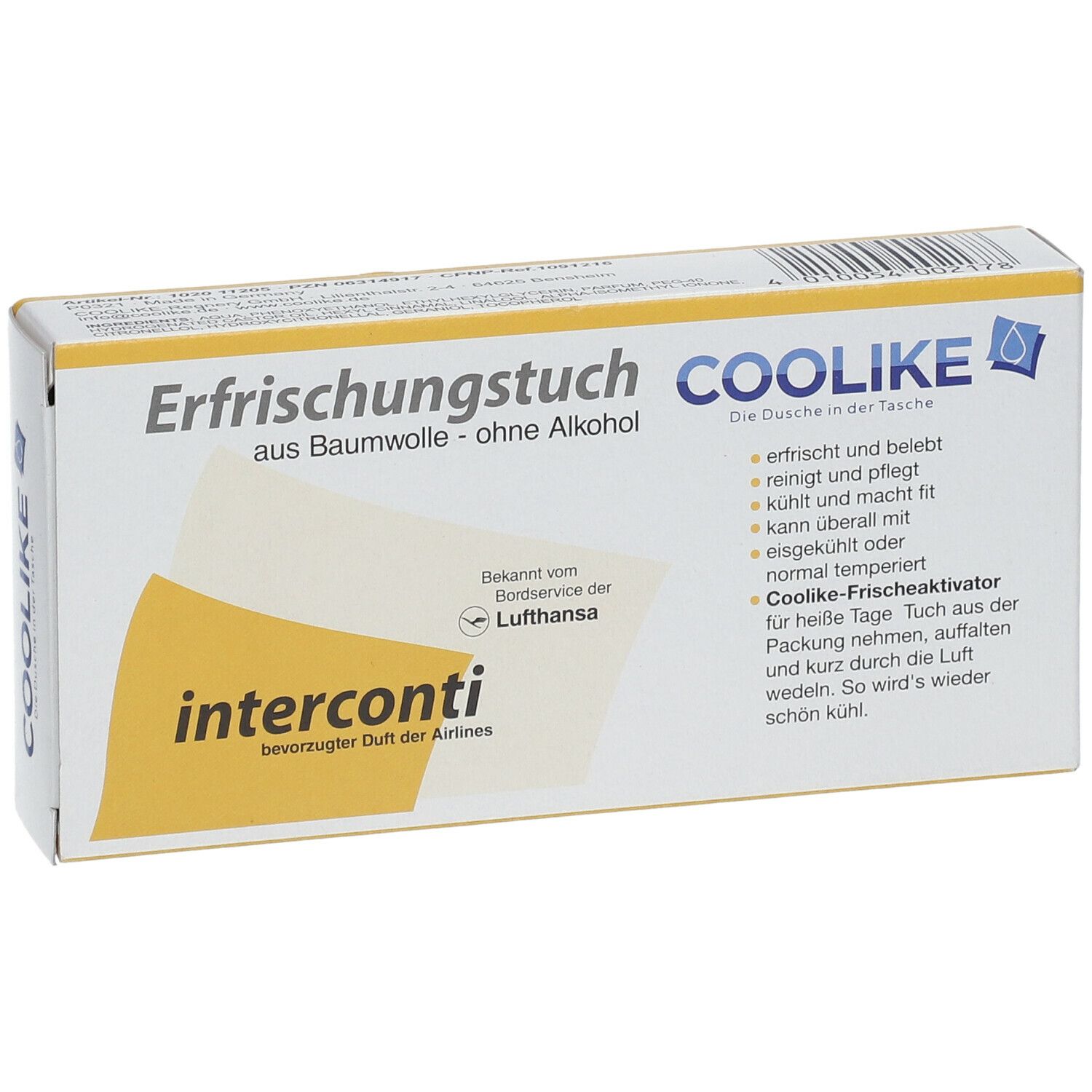 Karton mit Erfrischungstüchern. Text: Erfrischungstuch aus Baumwolle - ohne Alkohol. Logo: Coolike. interconti, bevorzugter Duft der Airlines.