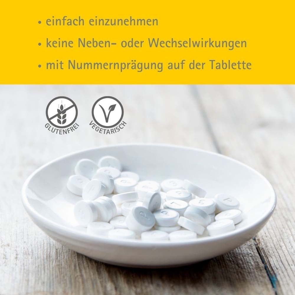 Tabletten in einer Schale. Text: glutenfrei, vegetarisch. Text: einfach einzunehmen, keine Nebenwirkungen.