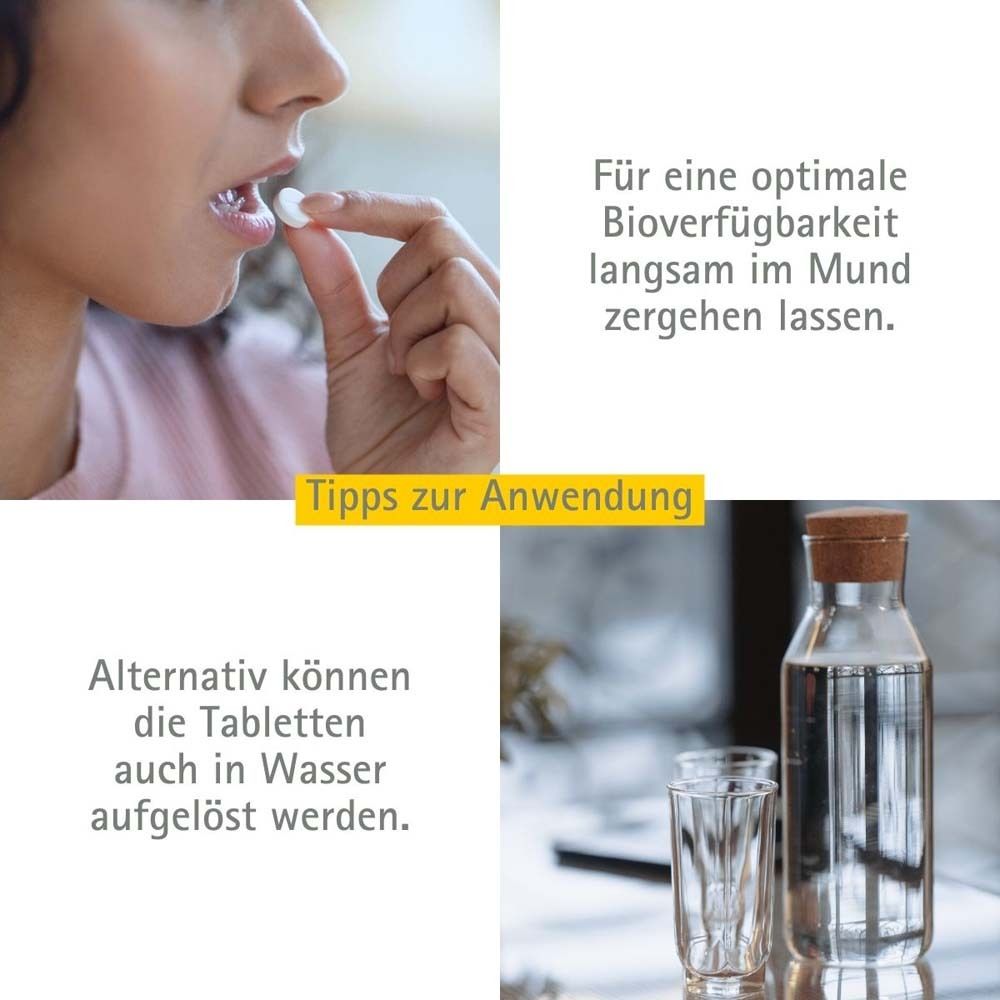 Frau nimmt Tablette ein. Text: Tipps zur Anwendung. Alternativ in Wasser auflösen. Flasche und Glas.